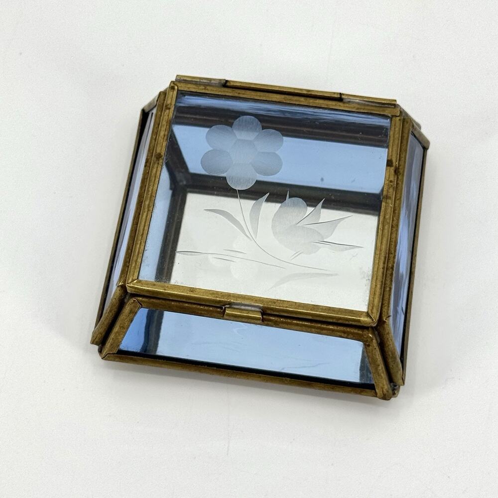 Blue Glass Brass Trinket Jewelry Box Etched Floral Hinged Lid Mirror Bottom VTG